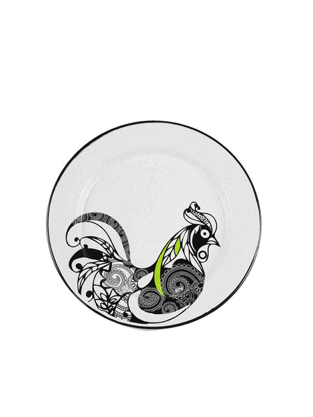 ENAMEL WHITE PLATE 'ROOSTER' (SET OF 4)