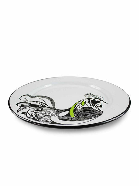 ENAMEL WHITE PLATE 'ROOSTER' (SET OF 4)