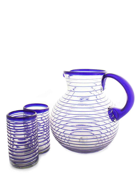 Blue Spiral Blown Glass Pitcher